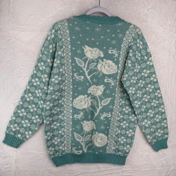 Vintage Private Eyes Teal Floral Rose Knit Sweater Metallic Lurex Crew Neck USA - Picture 7 of 8